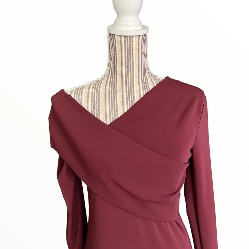 ZARA Maroon Asymmetrical Midi Dress Size M Cutout Detail - Picture 8 of 9